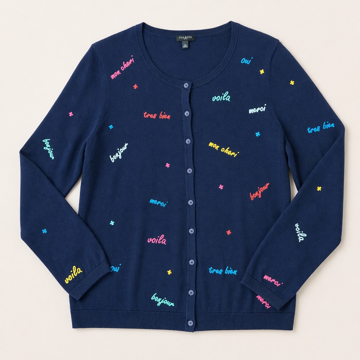 Talbots Charming Cardigan Embroidered French Sweater (Lg P) Parisian Preppy Navy